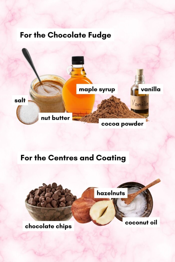 All the ingredients needed for making a vegan ferrero rocher recipe. Each ingredient is labelled with text.