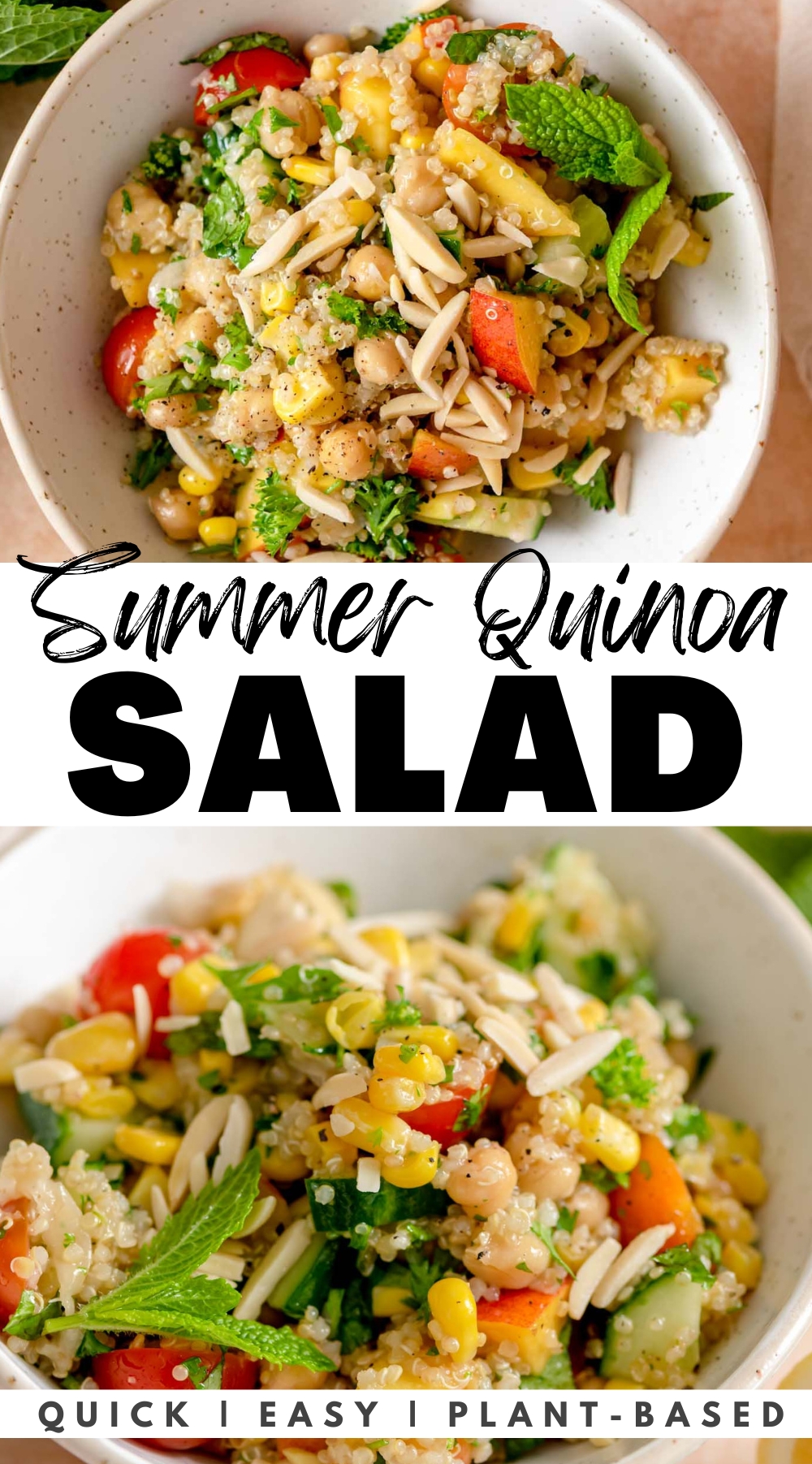 Pinterest graphic for vegan summer quinoa salad with images of the potato and a stylized text title graphic.