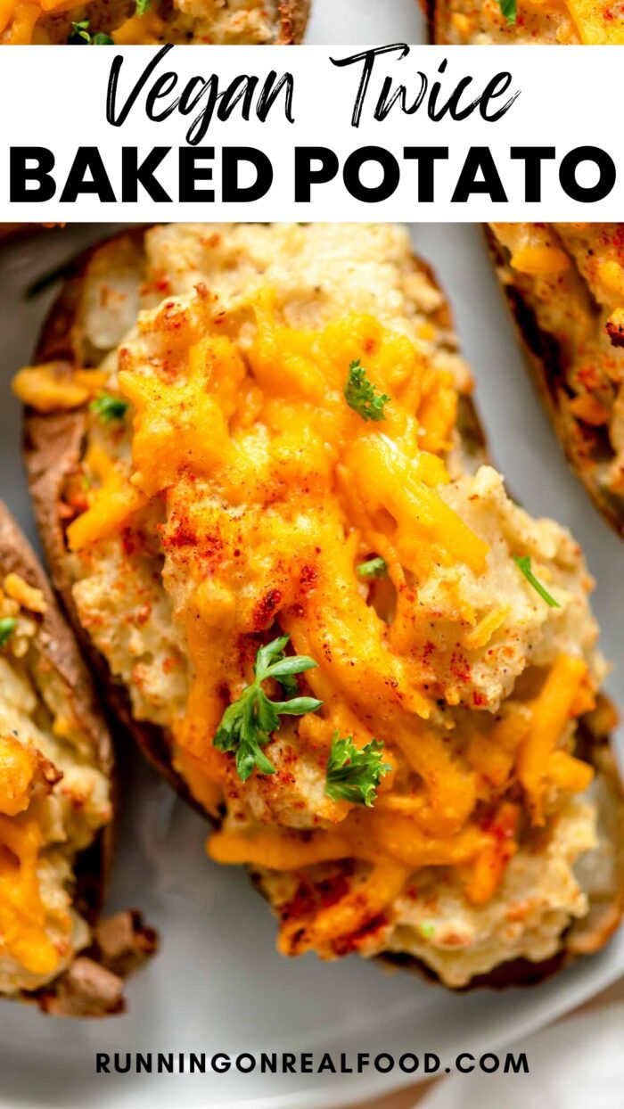 Pinterest graphic for vegan twice baked potatoes with images of the potato and a stylized text title graphic.