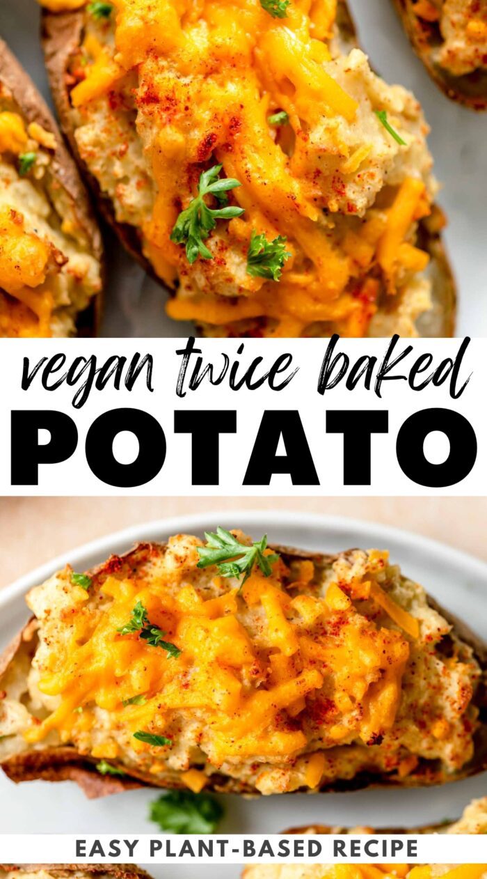 Pinterest graphic for vegan twice baked potatoes with images of the potato and a stylized text title graphic.