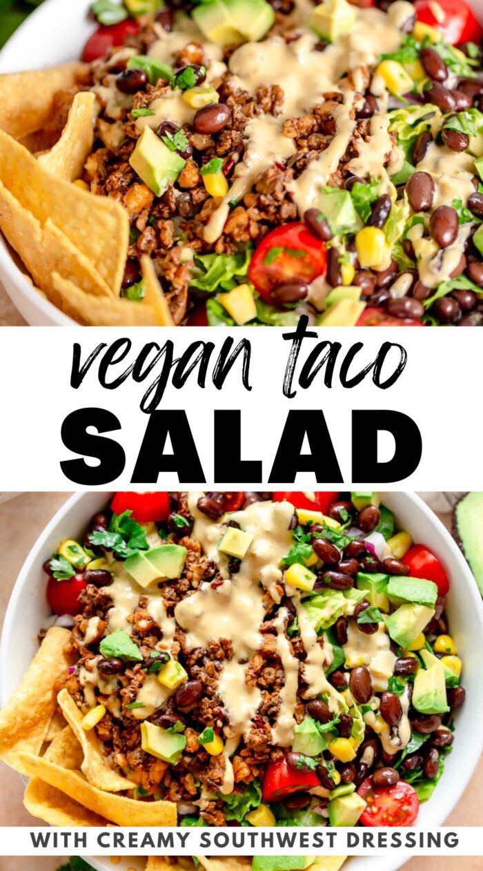 Pinterest graphic for a meatless taco salad with two images of the recipe and stylized text title.