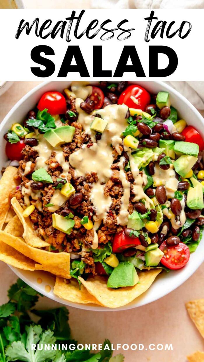 Pinterest graphic for a meatless taco salad with an image of the recipe and stylized text title.