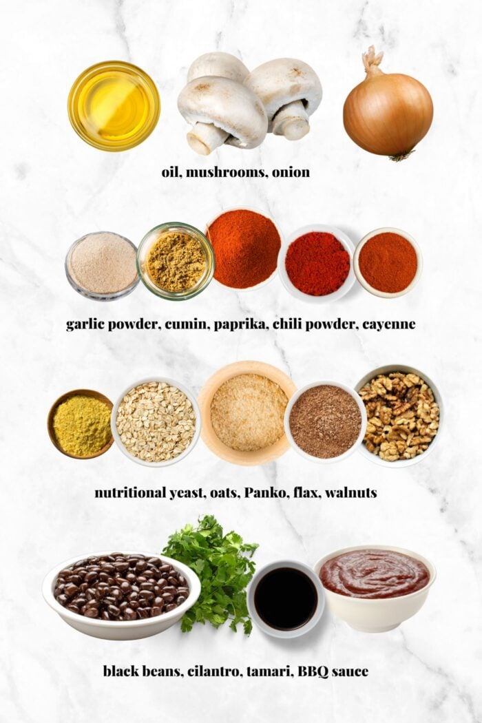 Collage of all ingredients needed for making veggie mushroom burger recipe. Each ingredient is labelled with text.