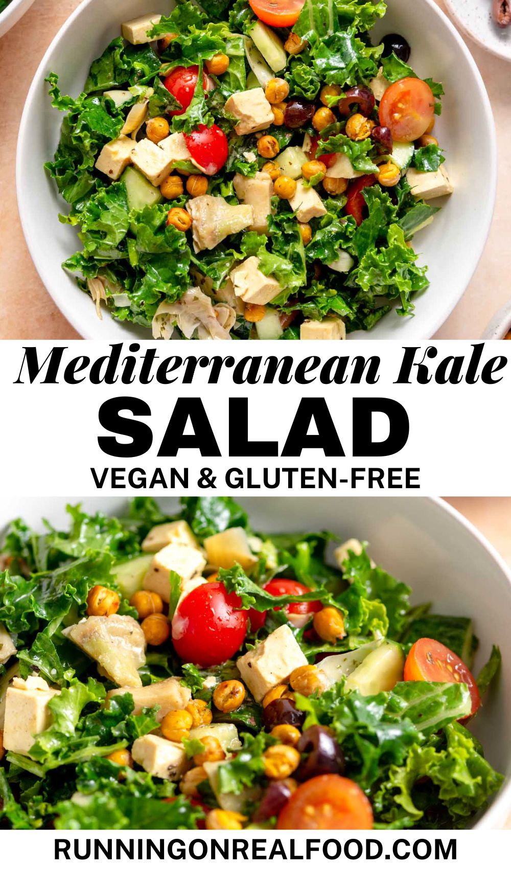 Pinterest graphic for a mediterranean kale salad recipe with two images of the salad in a bowl and a text title reading "kale salad vegan and gluten-free".