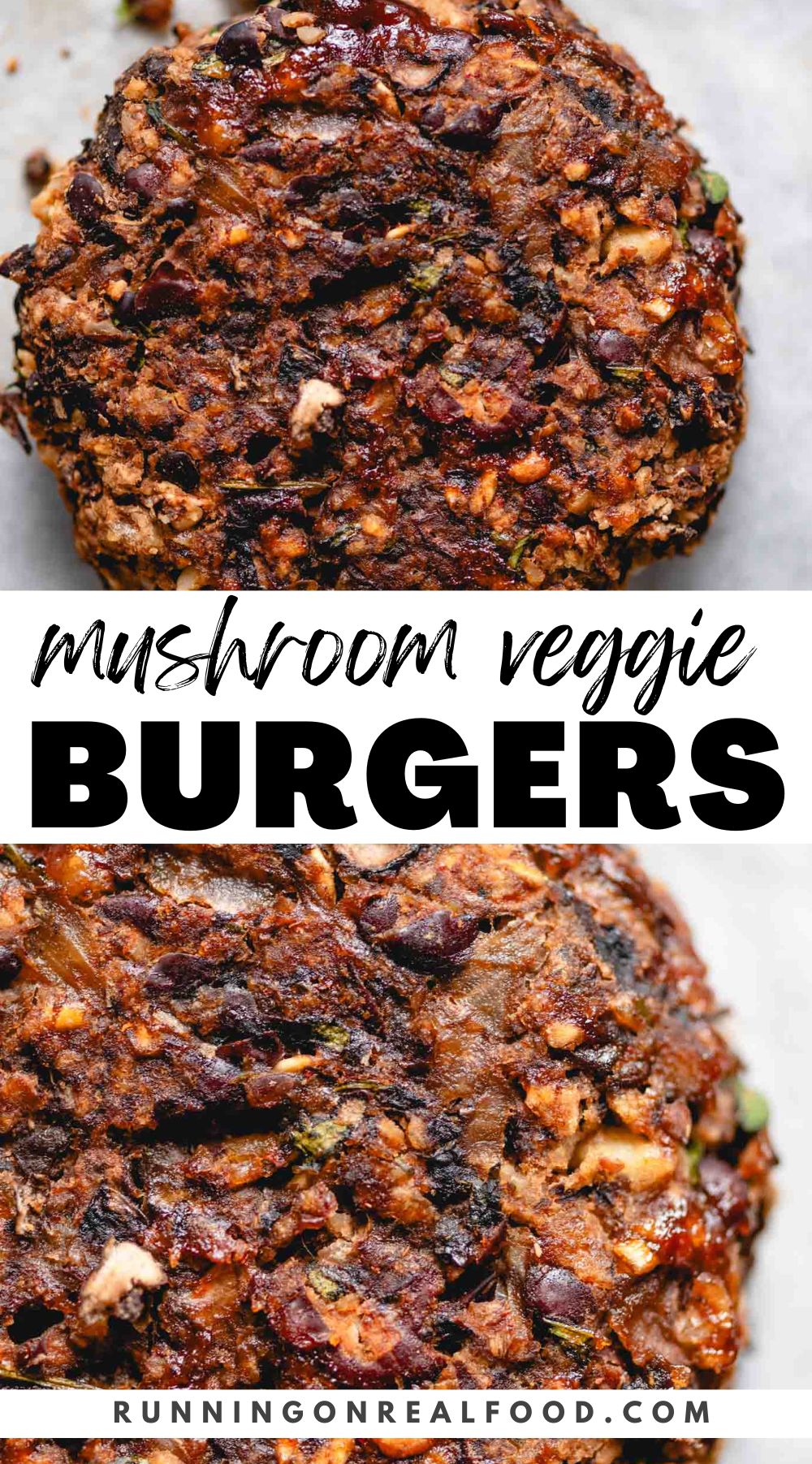 Pinterest graphic for veggie mushroom burgers with an image and text title.