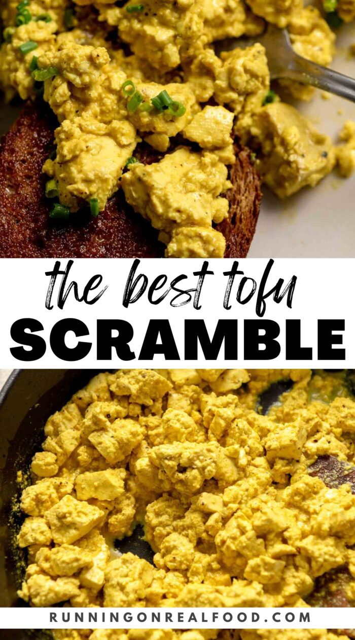 Pinterest graphic for vegan tofu scramble recipe with images and text title.
