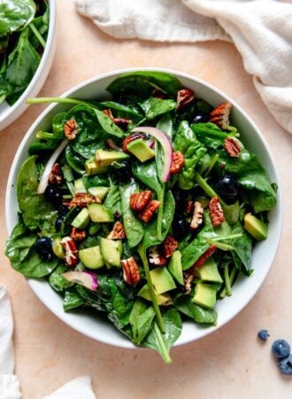 Blueberry spinach salad with sliced red onion, pecans, blueberries and cucumber in a bowl.