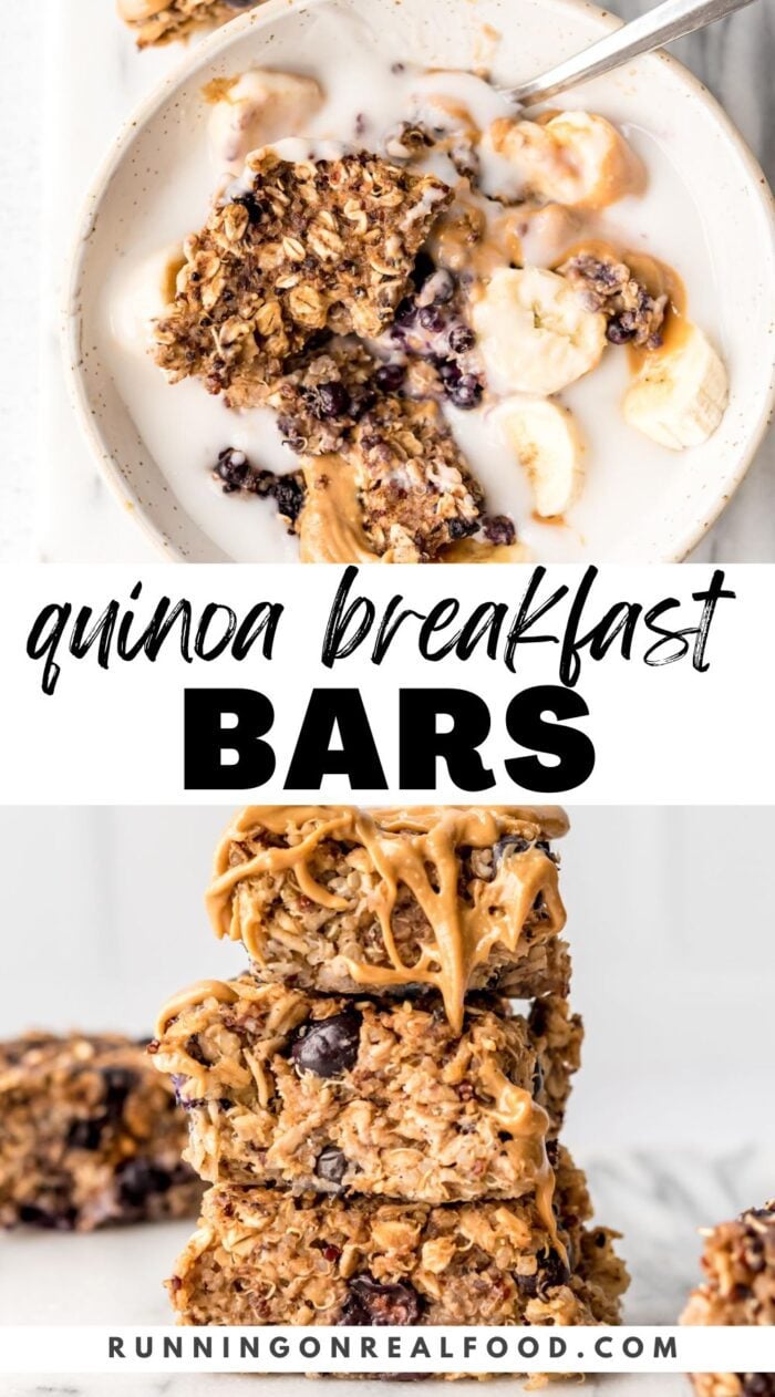 Pinterest image for quinoa breakfast bars with images and a text title.