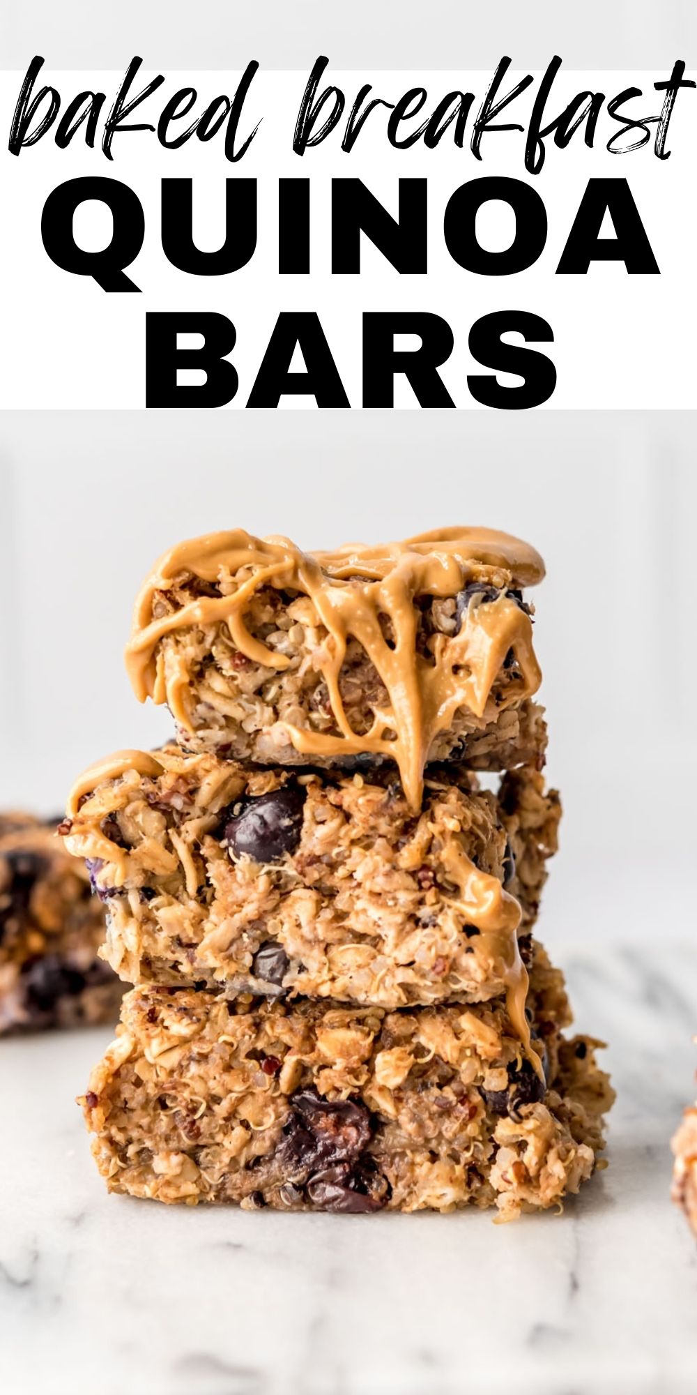 Pinterest image for quinoa breakfast bars with an image and a text title.