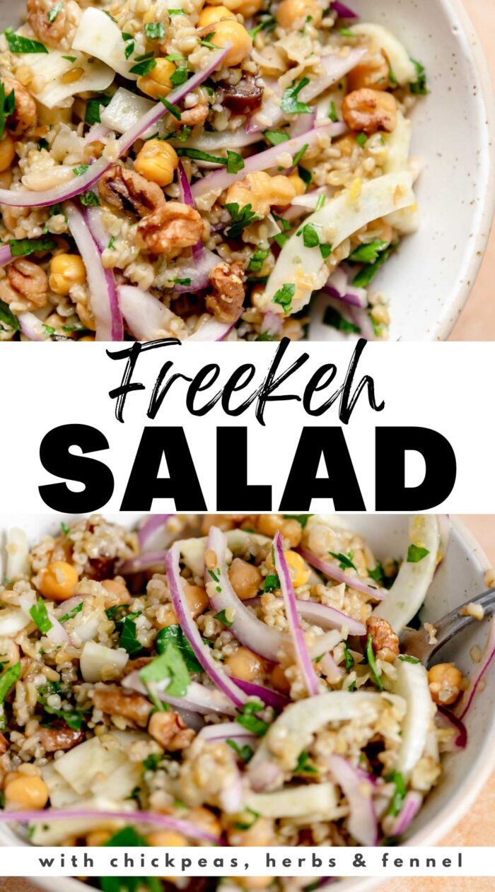 Pinterest graphic with stylized text title and image of freekeh chickpea salad.