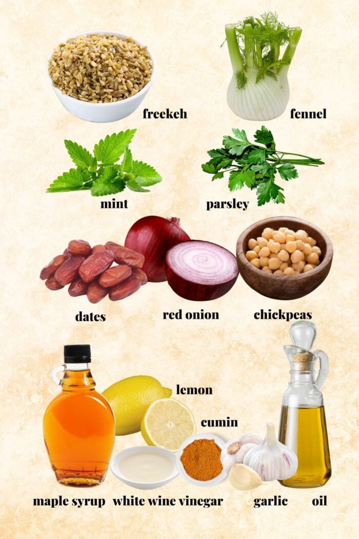 Collage of all the ingredients needed for making a vegan freekeh salad recipe with chickpeas, herbs, fennel and lemon dressing. Each ingredient is labelled with text.