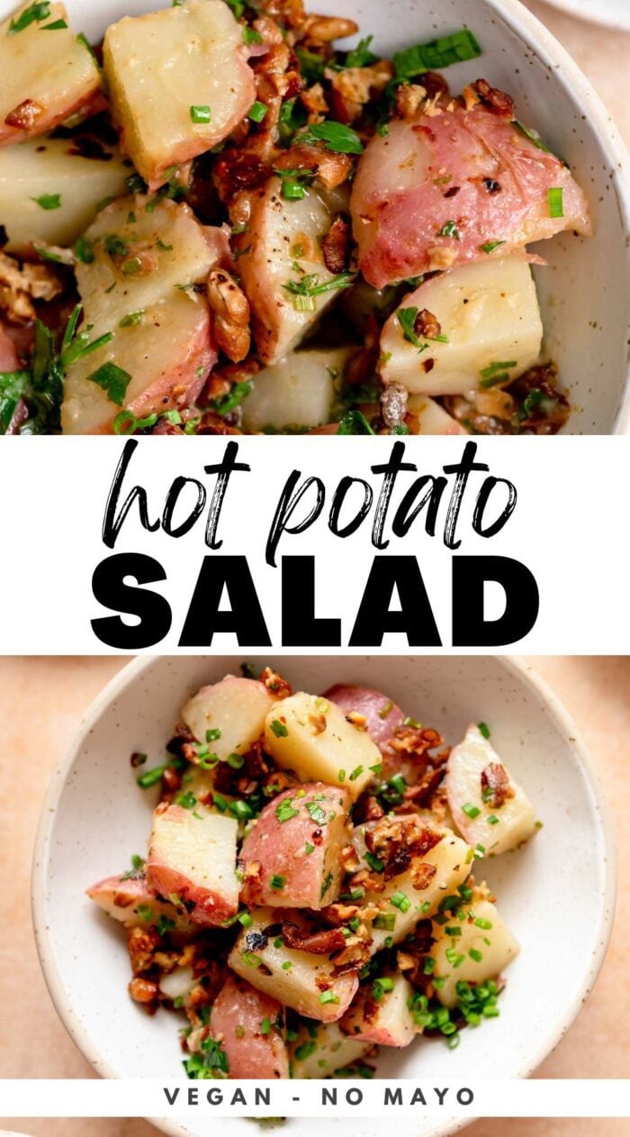 Pinterest graphic with stylized text title and two images of a hot potato German-style salad.