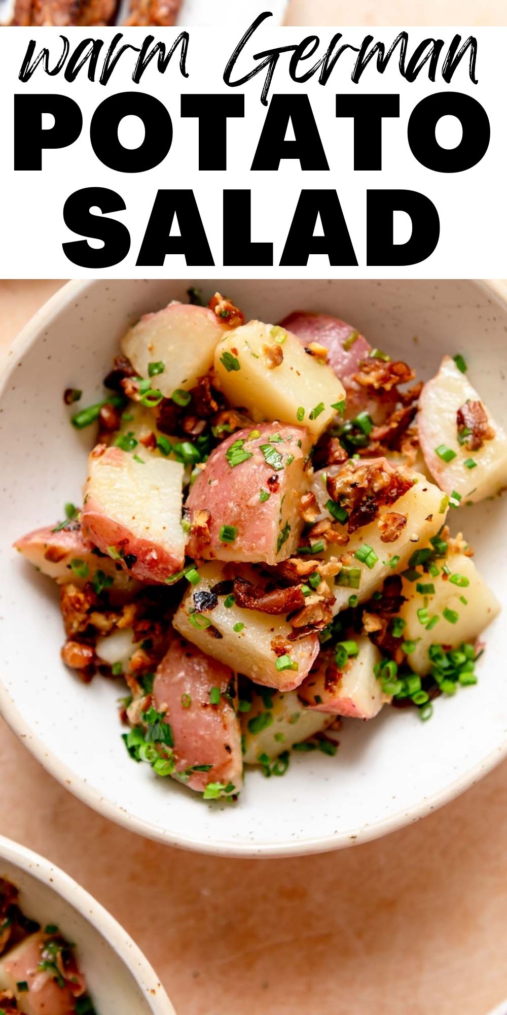 Pinterest graphic with stylized text title and image of a hot potato German-style salad.