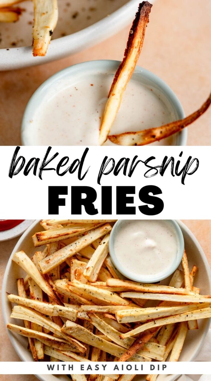 Crispy baked parsnip fries recipe Pinterest graphic with a plate of fries and stylized text title.