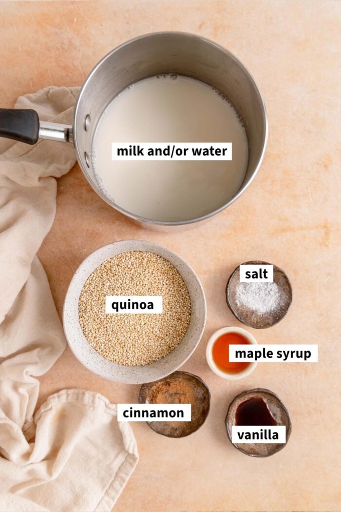 Ingredients for making breakfast quinoa, each labelled with text overlay.