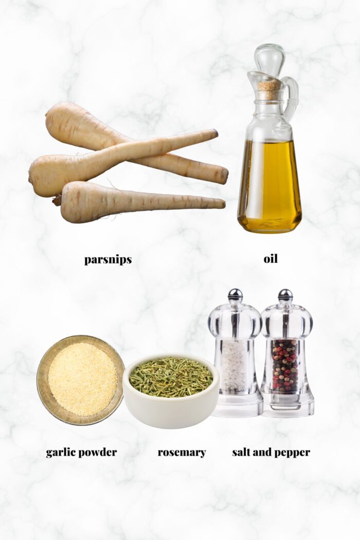 Collage of ingredients needed for making baked parsnip fries.