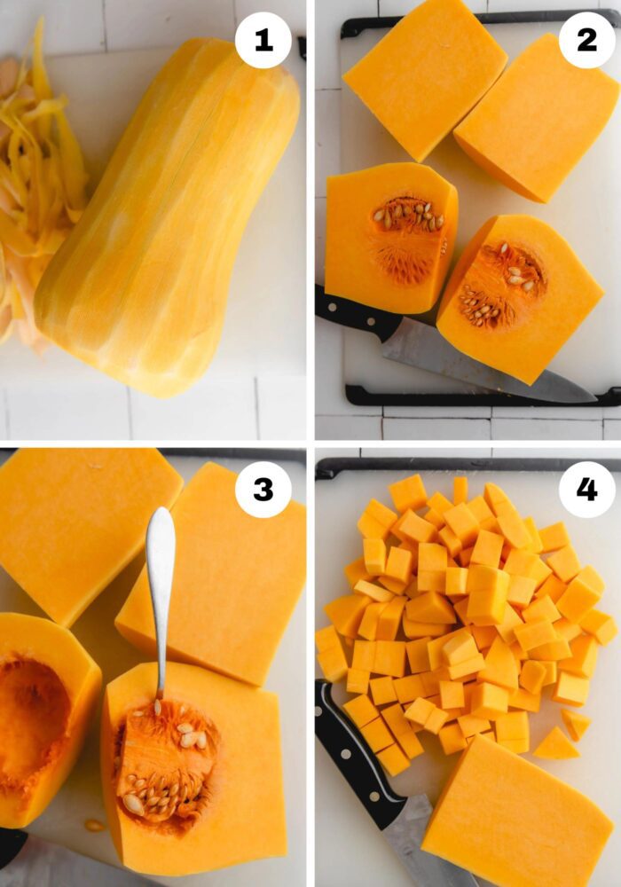 Collage showing how to peel, remove seeds and dice a butternut squash.