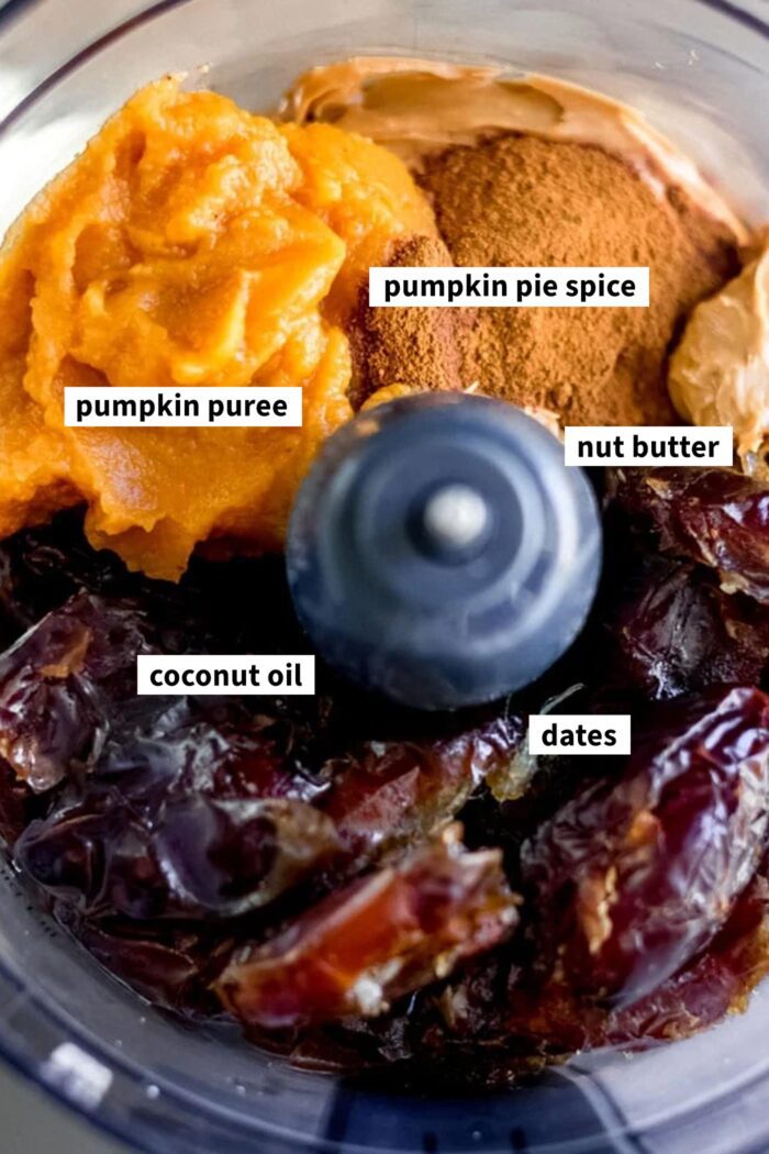 Dates, pumpkin, pumpkin pie spice and peanut butter in a food processor.
