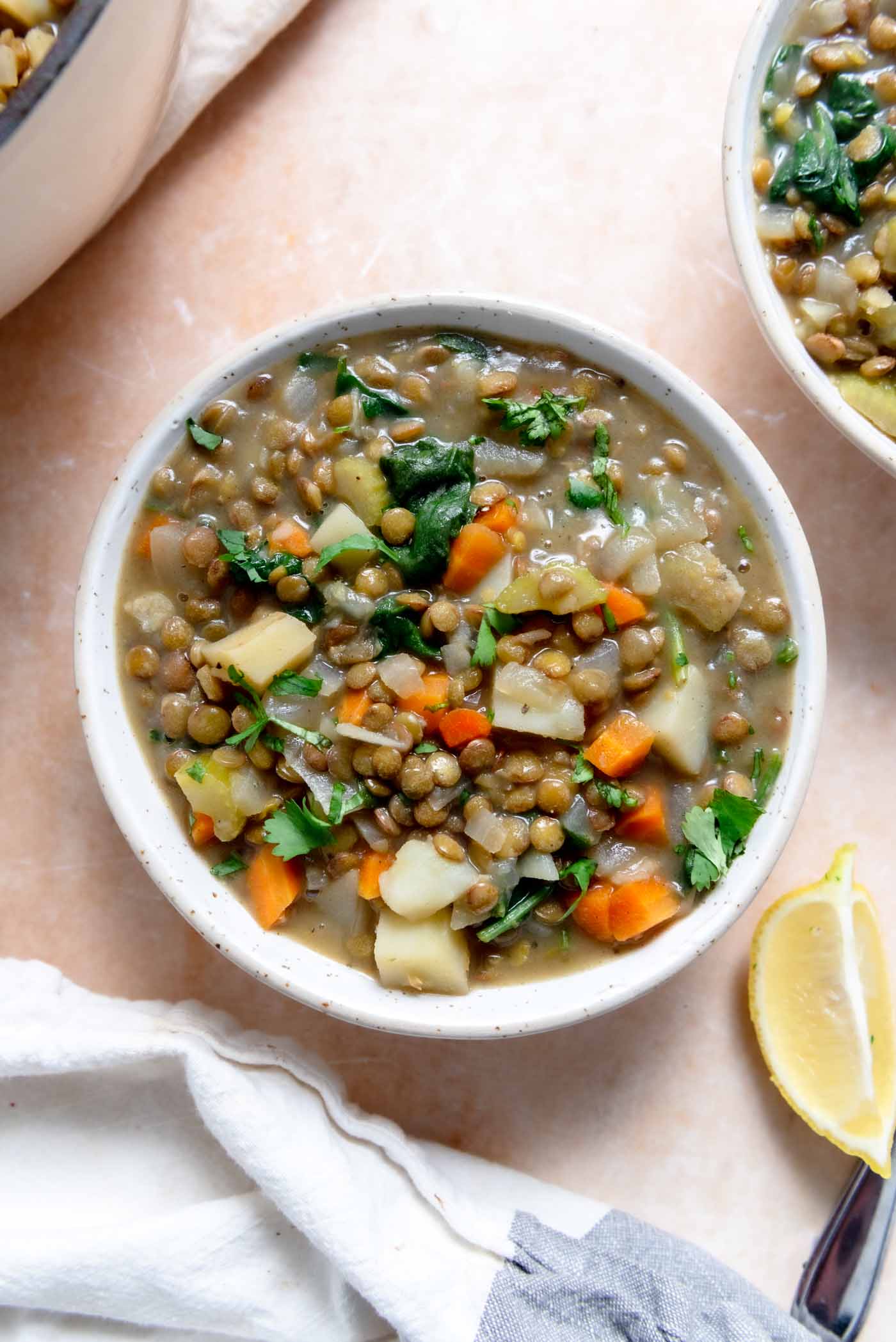 Bowl of a hearty stew made with lentils, carrot and potato.