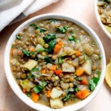 Bowl of a hearty stew made with lentils, carrot and potato.