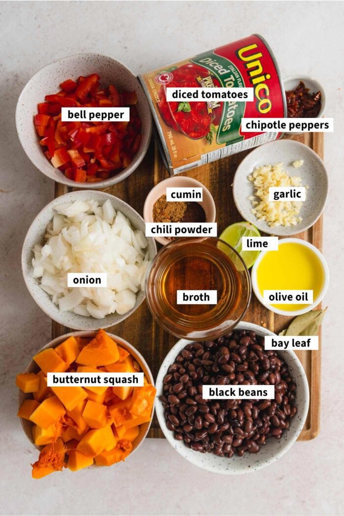 All the ingredients for a vegan butternut squash chili recipe.
