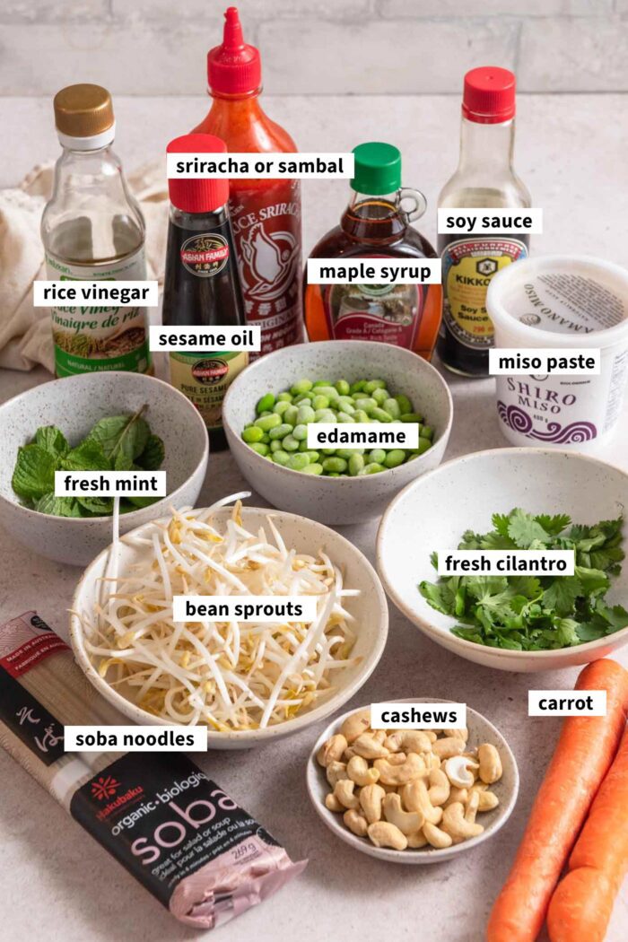 Ingredients needed for making miso soba noodles with edamame, carrot and bean sprouts.