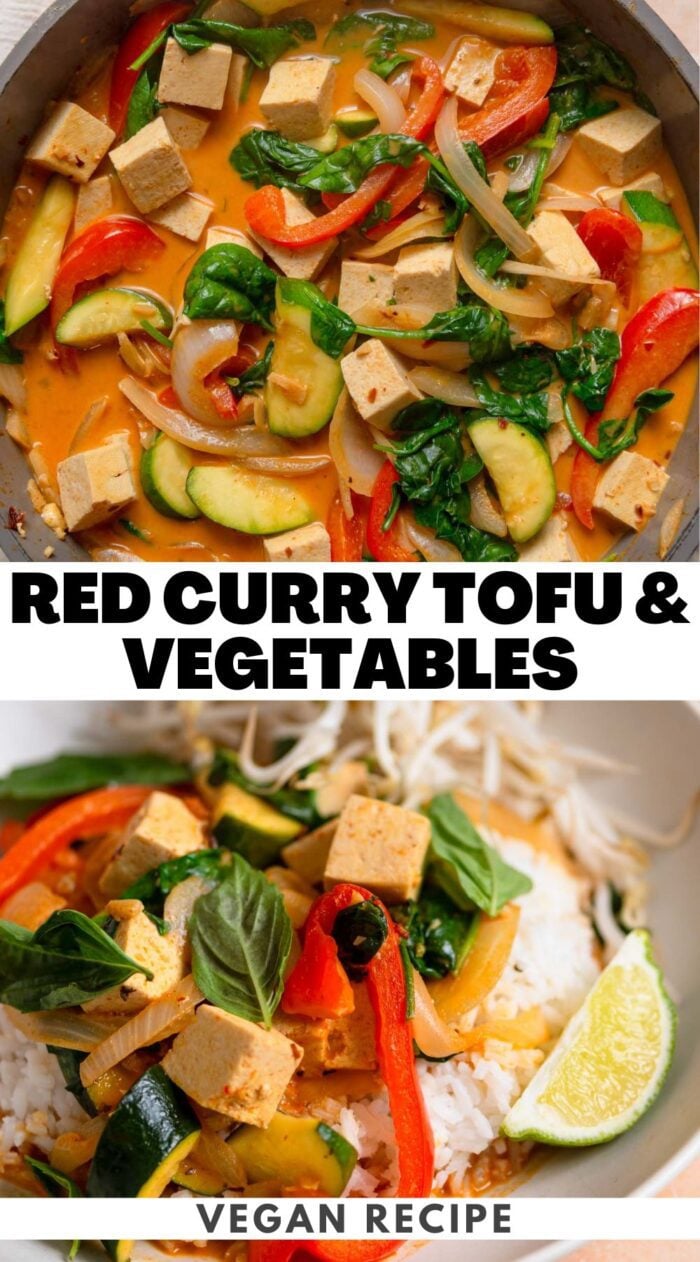 Pinterest graphic for a vegan red curry recipe with two images of the stew and a stylized text title reading "red curry tofu and vegetables" in the middle.