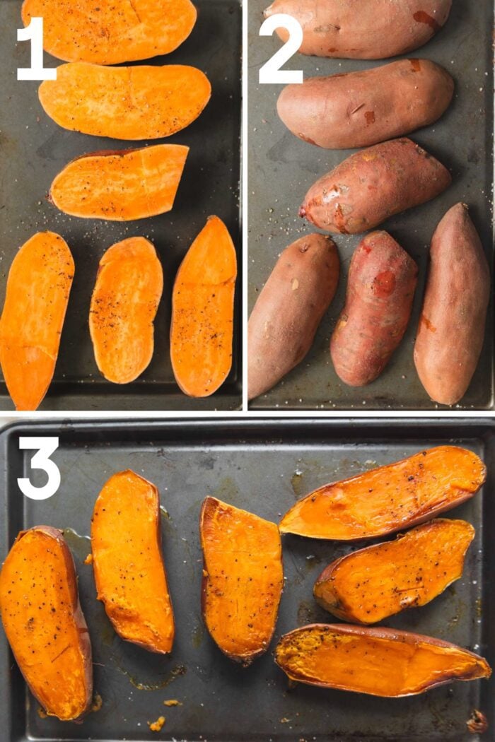 Collage of roasting sweet potatoes on a pan.
