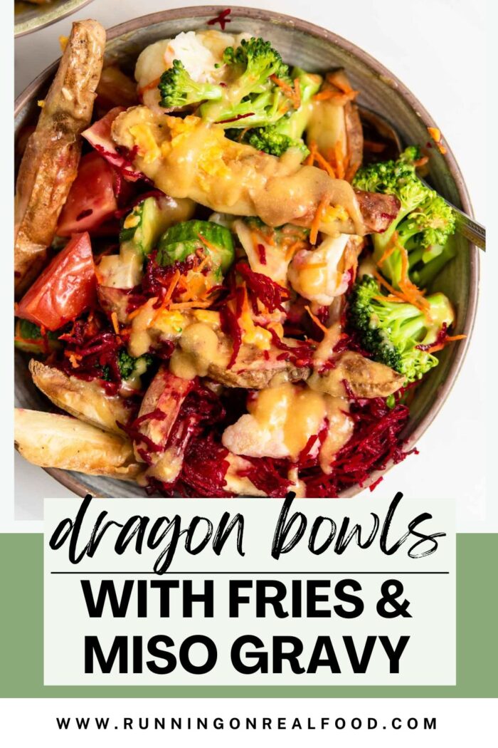Pinterest image for vegan dragon bowls recipe with a text title with the recipe name and an image of the bowls.