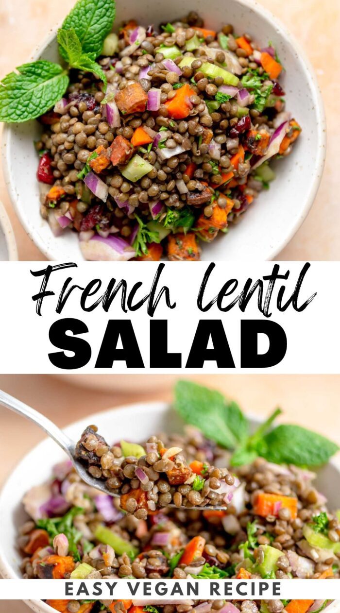 Pinterest graphic for french lentil recipe with two images and the recipe name in text.