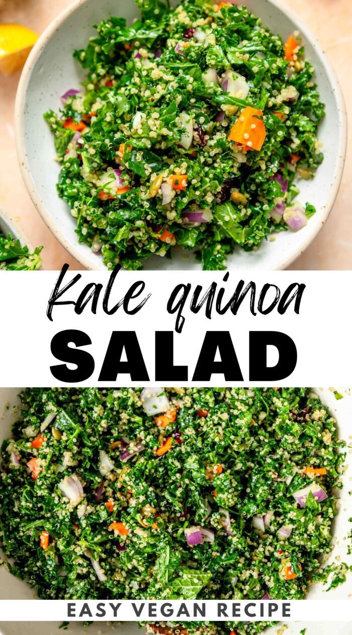 Pinterest graphic for kale quinoa salad recipe with two images and the recipe name in text.