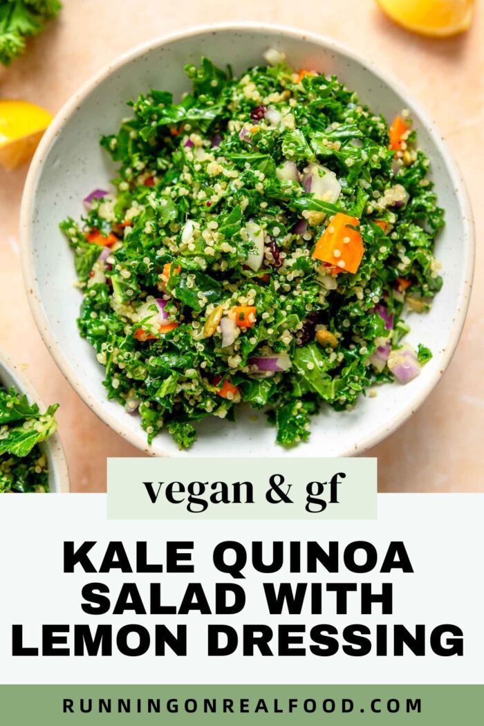 Pinterest graphic for kale quinoa salad recipe with an image and the recipe name in text.