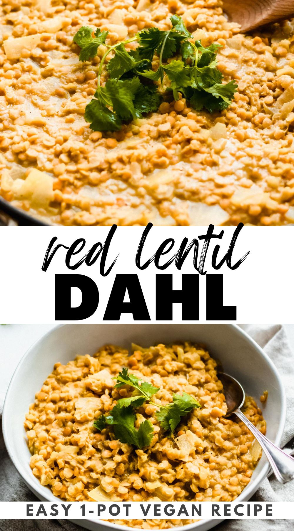 Pinterest graphic for the best vegan red lentil dahl recipe with an image of the dahl and a text title.