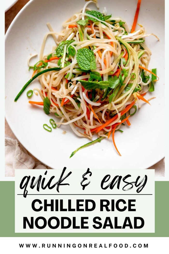 Pinterest image for rice noodle salad with an image of the salad and a text title reading "quick and easy rice noodle salad".