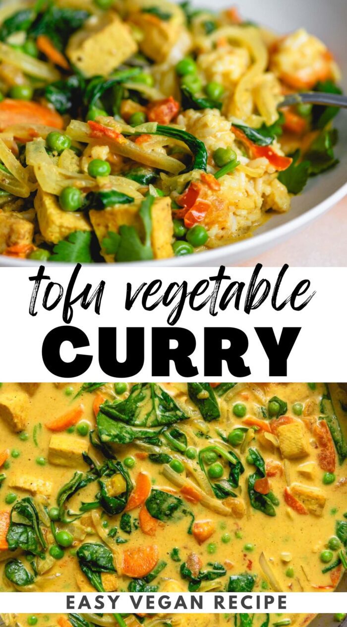 Pinterest image for tofu vegetable curry recipe with a text title with the recipe name and an image of the curry.