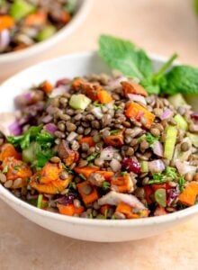 French lentil salad with fresh herbs, sweet potato and diced vegetables in a bowl garnished with fresh mint leaves.