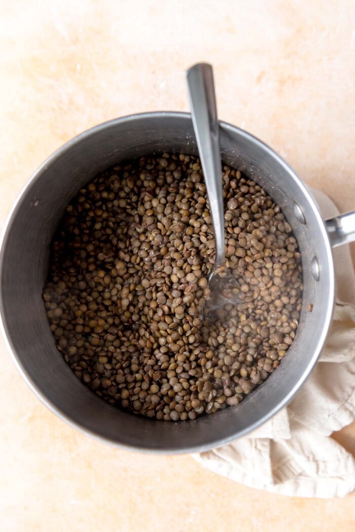 Cooked french lentils in a pot with a spoon.