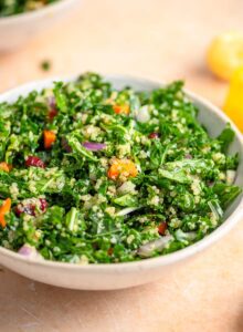 Bowl of kale salad with red onion, carrot and cranberries.