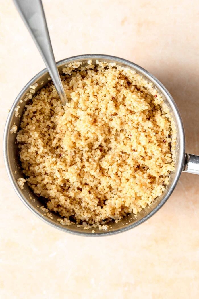 Cooked quinoa in a pot.
