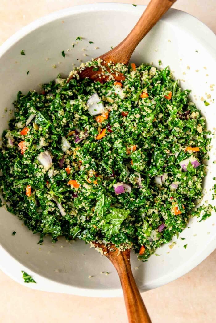 Kale and quinoa salad with carrot, red onion and cranberries in a large bowl.