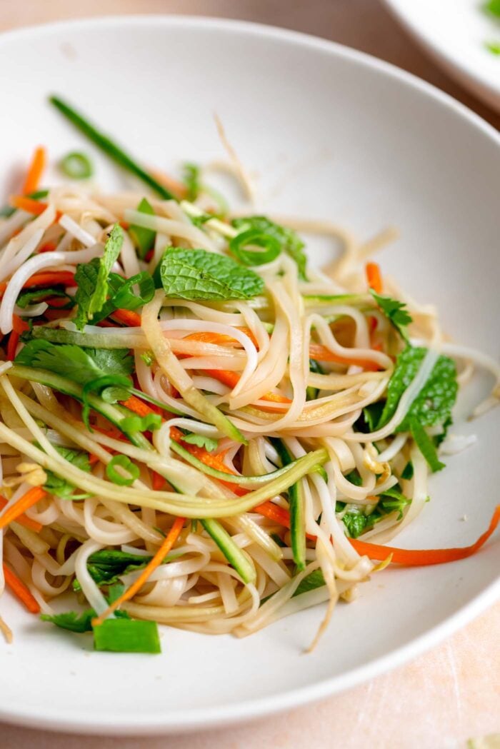 Rice noodle salad with fresh herbs, carrot, and cucumber in a bowl