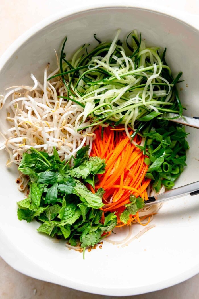 Fresh herbs, carrot, cucumber and green onion in a large bowl.