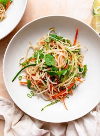 Bowl of rice noodle and vegetable salad topped with pieces of fresh herbs.