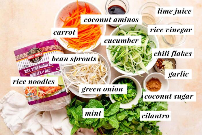 Ingredients for a vegan Vietnamese rice noodle salad recipe.