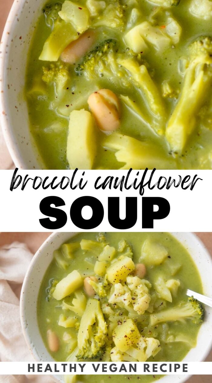 Pinterest graphic for healthy vegan broccoli cauliflower soup recipe with an image of the soup and a text title.