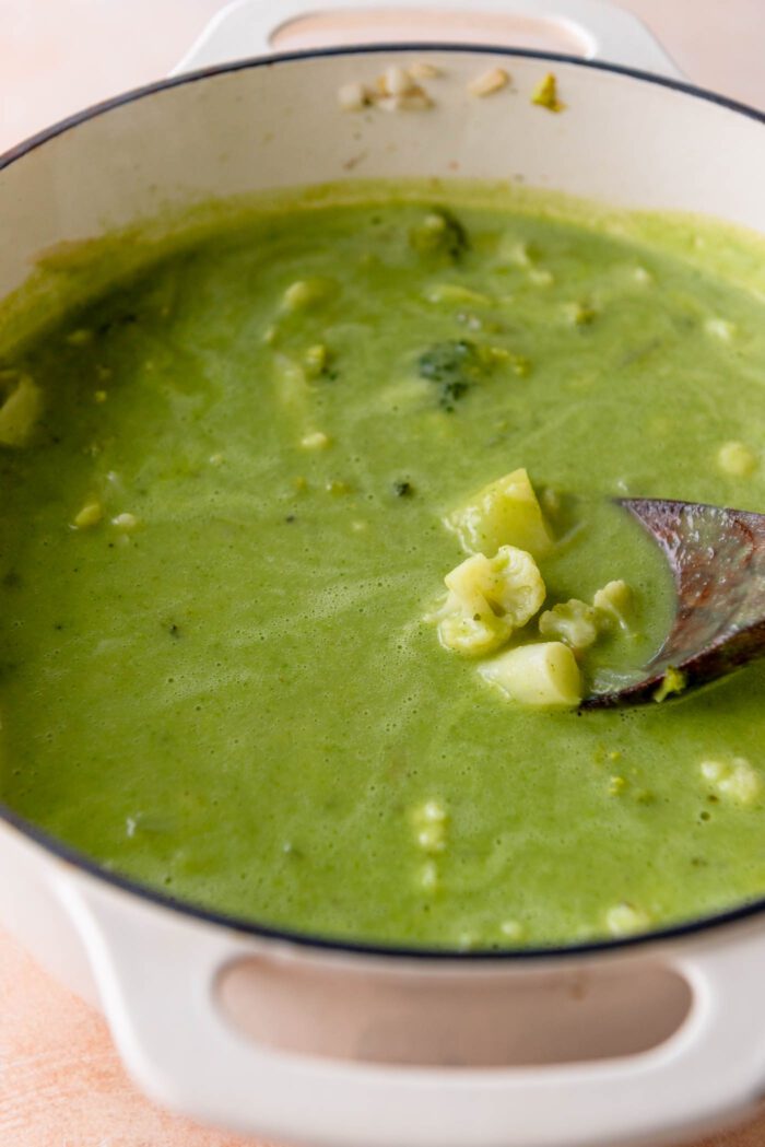 A large pot of broccoli and cauliflower soup.