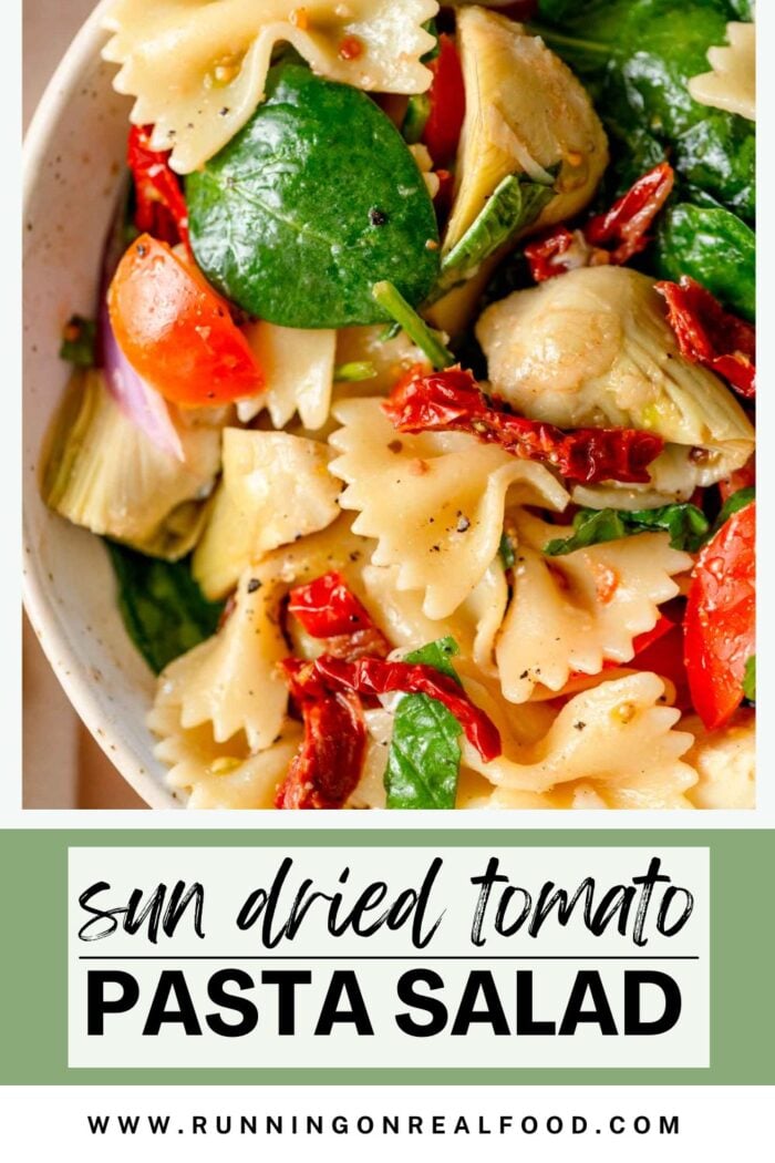 Stylized graphic with an image of a sun dried tomato pasta salad and a text title for the recipe.