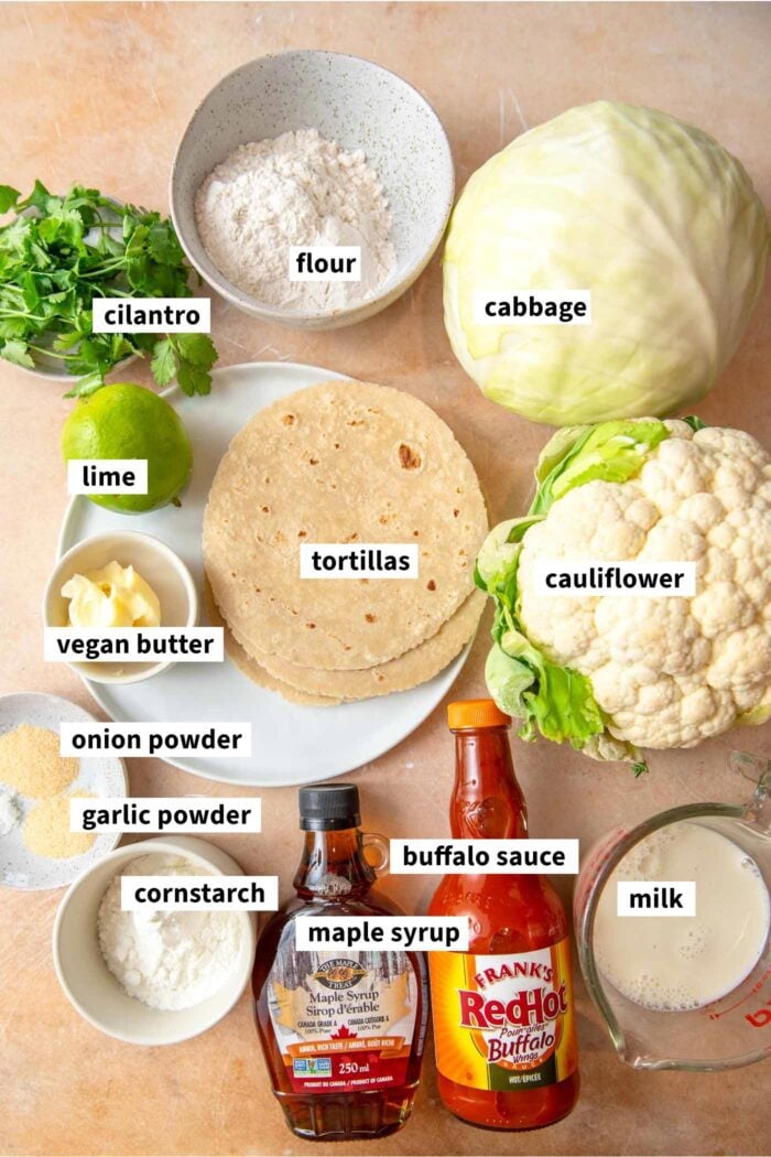 All of the ingredients for making a vegan buffalo cauliflower taco recipe.