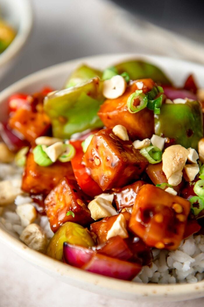 Tofu and bell peppers in a thick sauce over rice in a bowl.