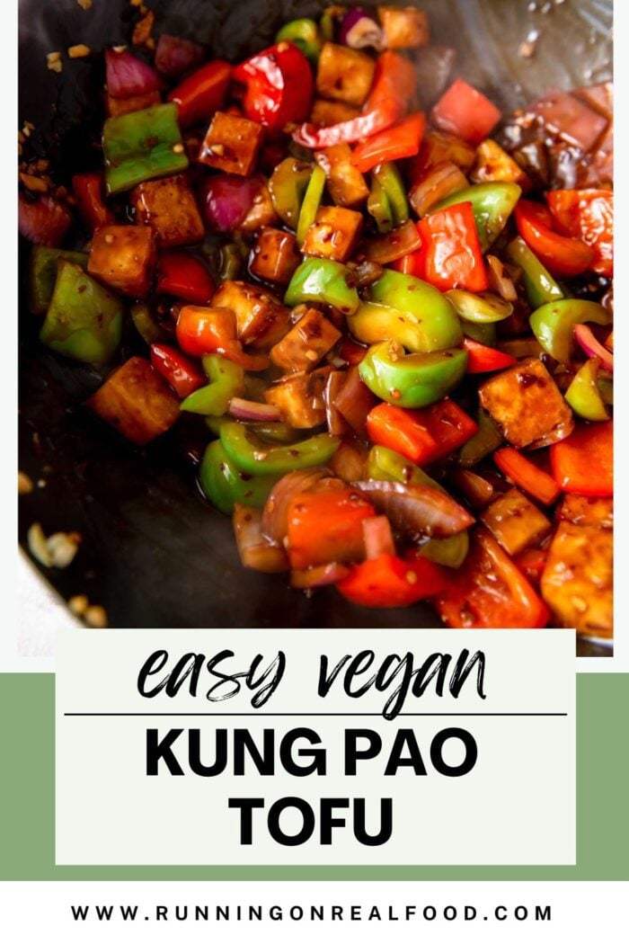 Graphic with stylized text title and an image of kung pao tofu.
